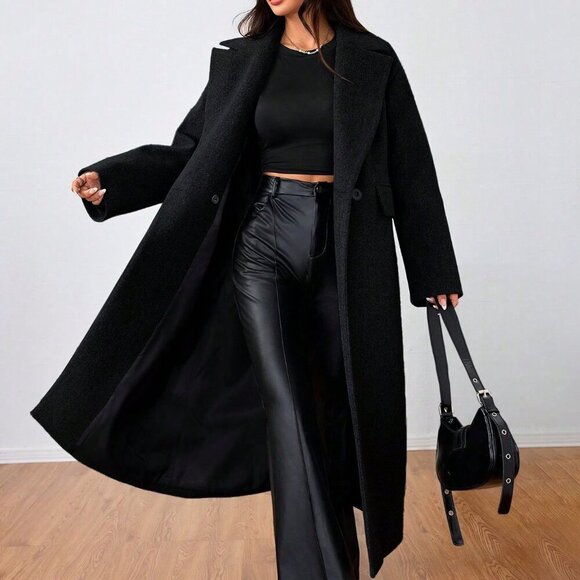 Black Casual Women's Collared Long Overcoat - Picture 4 of 6